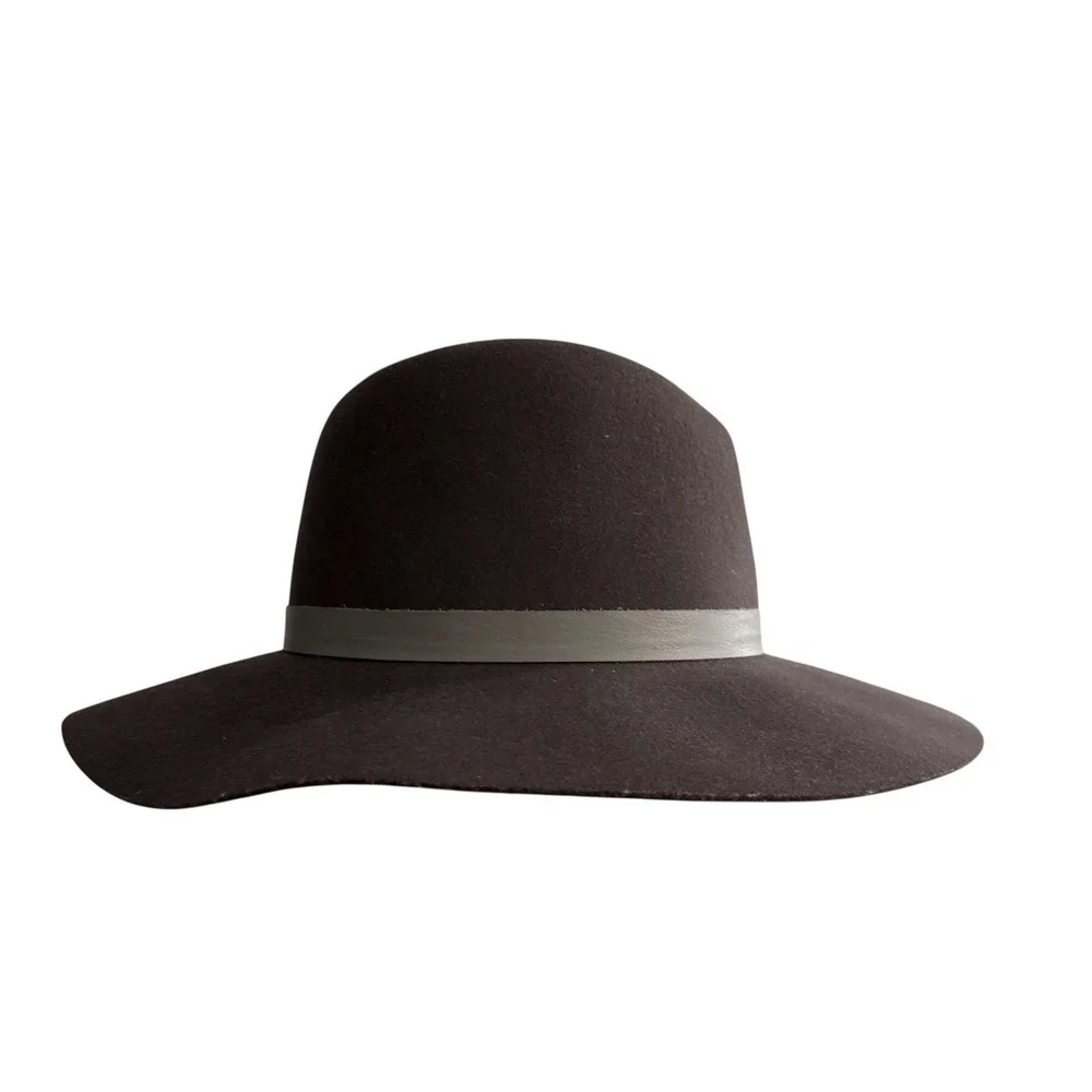 Janessa Leone Cole Hat Brown Wool Wide Brim Fedora Gray Leather Band Large USA